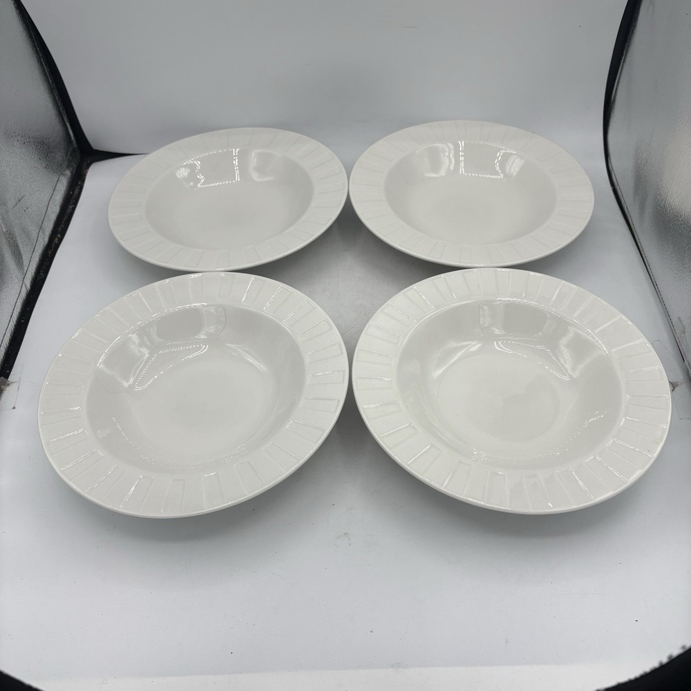 Oneida Symphony Bowls Wide Rimmed Soup Salad White 9" Stoneware Lot Set of 4‎